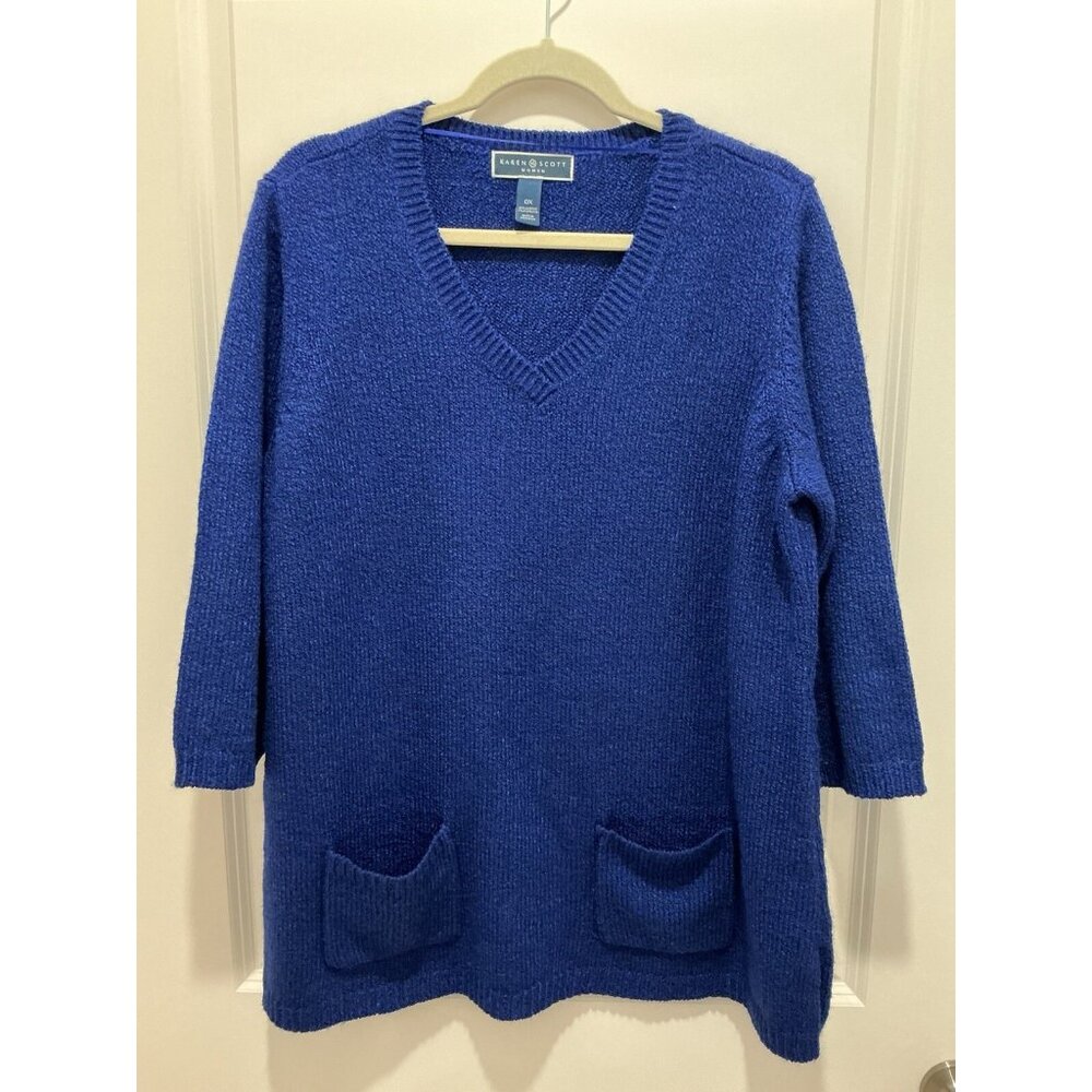 Karen Scott Sweater 0X Women's Havana Blue Marled V-Neck 2 Pockets 3/4 Sleeve NW